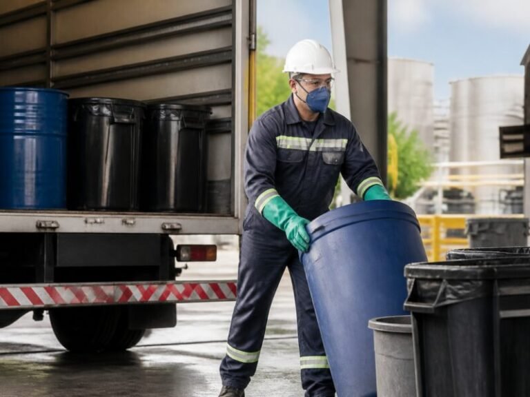 Operação de coleta de resíduos industriais com caminhão especializado e equipe devidamente equipada.