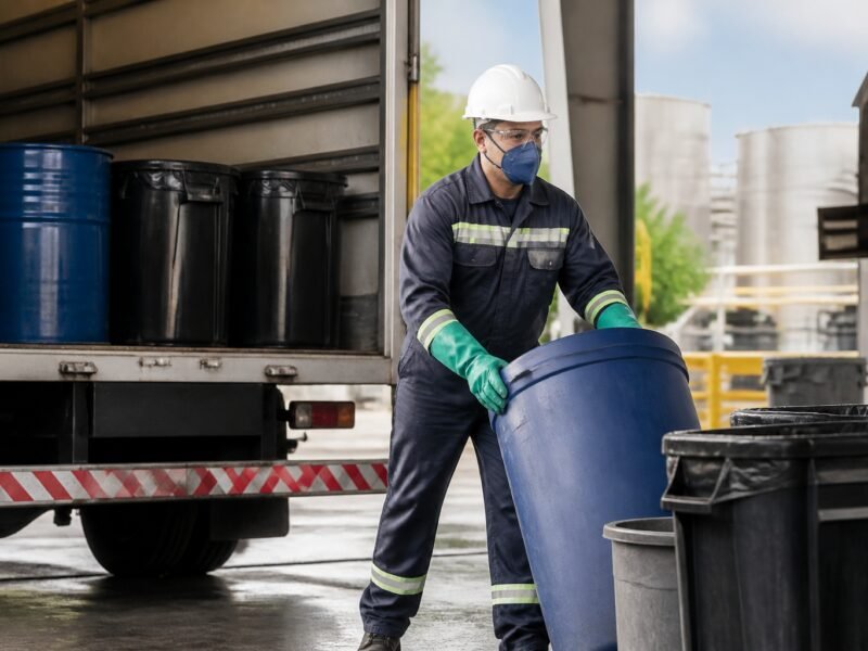 Operação de coleta de resíduos industriais com caminhão especializado e equipe devidamente equipada.