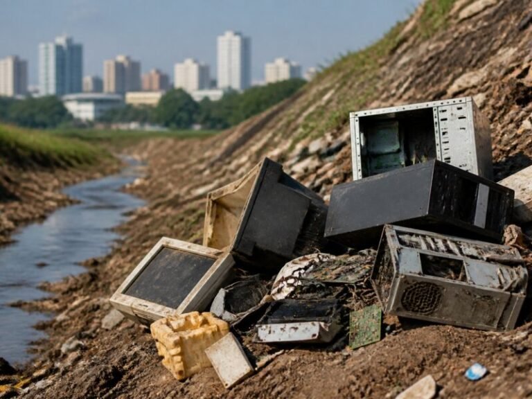 Pilha de lixo digital em Campinas-SP mostrando riscos de descarte inadequado de eletrônicos.