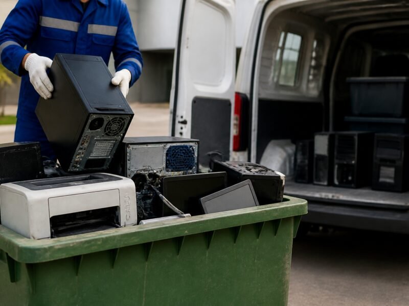 Coleta de lixo digital com equipamentos eletrônicos em caçambas adequadas