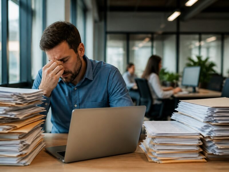 Pilha de arquivos digitais representando lixo digital em ambiente corporativo