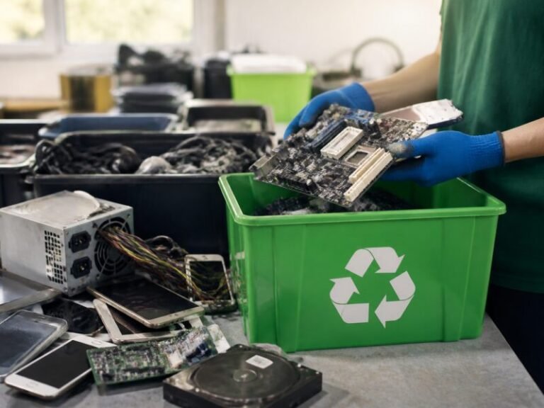 Pilha de lixo digital eletrônico sendo reciclado em cooperativa de São Paulo