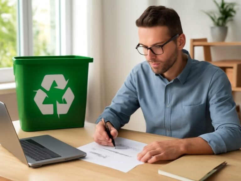 Infográfico mostrando etapas de reciclagem empresarial para gestão eficiente de resíduos